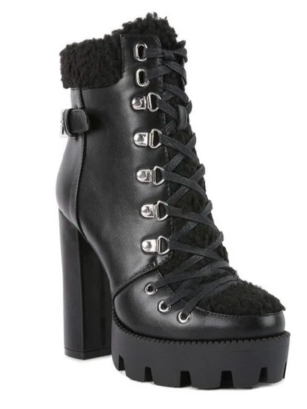 Women’s Black Shearling-Trim Lug Heeled Ankle Boots